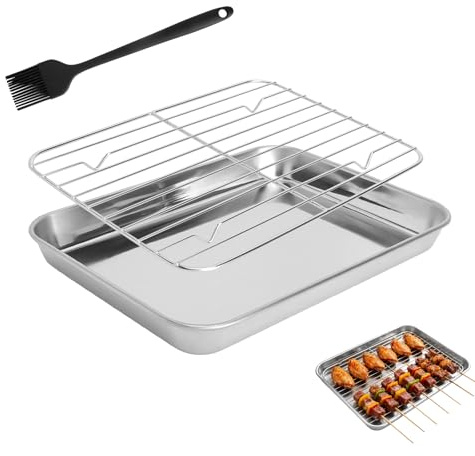Teglia da forno con griglia in acciaio inox, piccola teglia da forno, compatta, salvaspazio, croccante, a basso contenuto di grassi, per cuocere e grigliare con griglia e pennello in silicone per