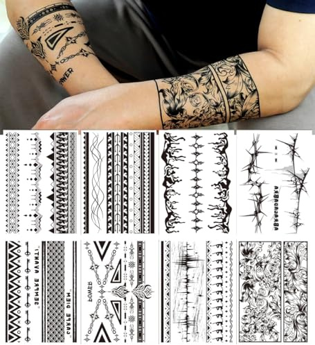 8 Feuilles Bras Tatouages Éphemere pour Hommes Femmes, Style Tribaux Longs Bracelets Autocollants pour Adultes, Faux Tatouages Temporaires ​​Réalistes Longue Durée Résistants pour Poignet Cheville