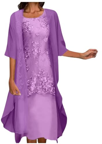OBASDFD Dam vardaglig broderad klänning rund hals elegant halvärm chiffong scarf cardigan två set, Lila, XL