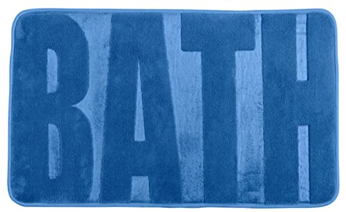 WENKO Badematte Memory, rutschhemmend, Flauschiger Badteppich in Blau mit Schriftzug Bath für Badezimmer und Gäste-WC, dekorative hochflorige, schwere Oberfläche aus 100% Polyester, 50 x 80 cm