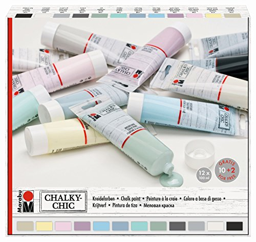 Marabu 0261000000088 - Chalky Chic Set mit 12x 100ml deckender, matter Kreidefarbe, Wasserbasis, Dosierverschluss - Rollen, Streichen und Tupfen auf Holz, Metall und Kunststoff, Used Look anschleifbar