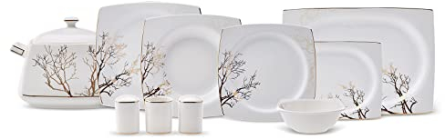 KARACA Autumn Creme 60-teiliges Tafelservice Geschirr-Set Fur 12 Personen, Porzellan, Eckig, Kombiservice, 12 Personen, Cream Farbe Porzellangeschirr Set