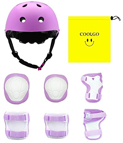 COOLGO Kinder Helm Inliner Protektoren Set, Skateboard Helm mit Schutzausrüstung Knie-Ellbogen-Handgelenk Schoner Set für Inliner Skaten Roller Skateboard Geeignet für Kinder 15-35 kg, Lila