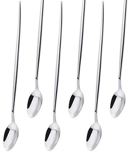 FOXAS 6 Pack 24CM Long Handle Spoons, 9.5-inch Sundaes Spoons Set, Slim Cocktail Spoons Stainless Steel Spoon for Latte Iced Coffee Tea Macchiato, Mirror Polish & Dishwasher Safe