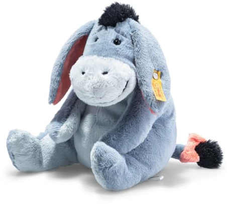 Steiff Disney Originals Esel I-Aah 25 cm blaugrau sitzend, Soft Cuddly Friends, Walt Disney Plüschfigur, Winnie Puuh Kuscheltier, Eeyore Stofftier aus Plüsch, Winnie the Pooh, waschmaschinenfest