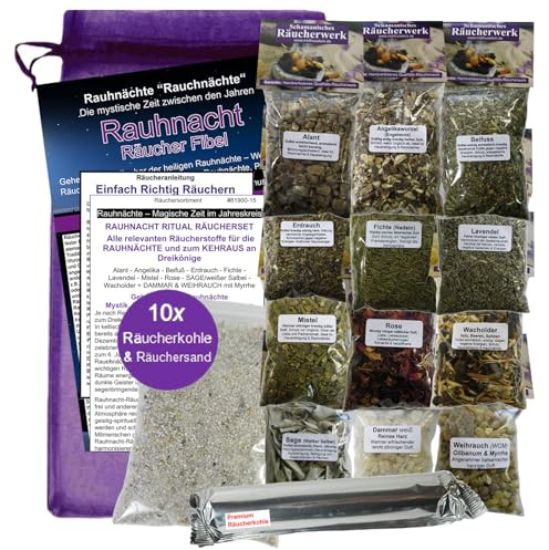 RAUHNÄCHTE Räuchern 18-TLG Ritualset 12x Räucherwerk für Jede Rauhnacht mit BEIFUSS + Salbei + WEIHRAUCH + MYRRHE UVM. 6X ZUBEHÖR mit Rauhnacht-Fibel. 81900-15