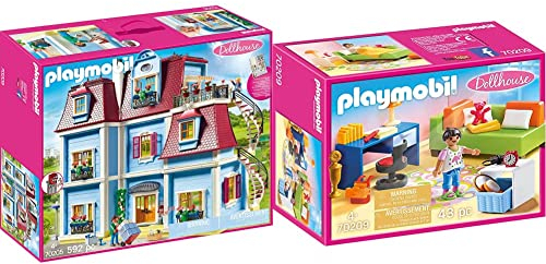 PLAYMOBIL Dollhouse 70205 Mein Großes Puppenhaus, Mit funktionsfähiger Türklingel, Ab 4 Jahren & 70209 - Kinderzimmer mit Schlafsofa