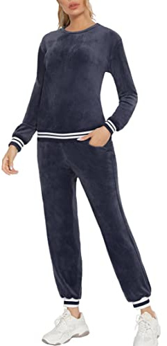 Enjoyoself dam Nicki hemmadräkt sammetslen mjuk 2 delar velour fritidsoverall med paljetter manschetter rund hals långärmad tröja + resår byxor med ficka, En grå, XL