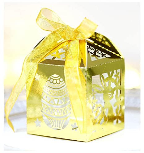 GIVBRO Easter Favour Boxes Hollowed Egg Chicken Patterned Boxes Candy Gift Box with Ribbon for Wedding Party Decoration Golden, 50 Pcs