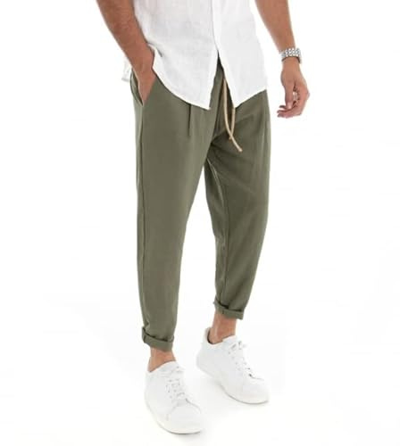 Giosal Pantalone Uomo Elastico Lino Tinta Unita Cavallo Basso Casual Vari Colori (Verde Militare, M)