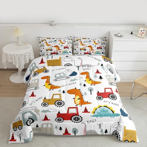 Feelyou Construction Comforter Set Kids Cartoon Dinosaur Comforter Cover Set for Boys Equipment Trucks Bedding Set Construction Vehicles Kawaii Jungle Dino Duvet Set Room Decor Twin With 1 Pillow Case