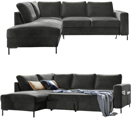 MIUFORM Lofty Lilly mit Bettfunktion| 6 Sitzer Ecksofa | L-form links | 237 x 197 x 84cm | Klappsofa mit Schlaffunktion | Schlafsofa klappbar (Velour Dunkelgrau)