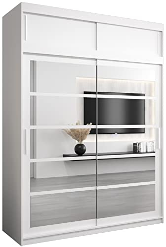 Kryspol Schwebetürenschrank Roma 2 180 cm mit Spiegel Kleiderschrank mit Kleiderstange und Einlegeboden Schlafzimmer- Wohnzimmerschrank Schiebetüren (Weiß mit Erweiterung)