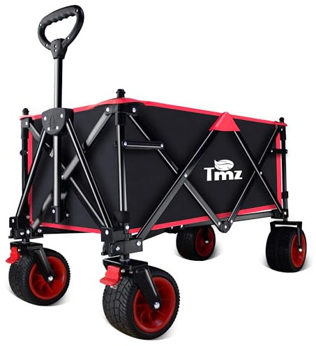 TMZ Collapsible Wagon Cart with Brake - Heavy Duty Outdoor Utility Garden Cart for Camping, Sports, Shopping, Fishing and Beach (Black)