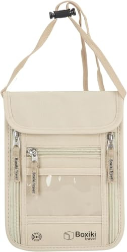 Boxiki Travel Brustbeutel Damen Herren RFID Schutz - Flache Brusttasche Reise Diebstahlsicher mit Verstellbarem Halsband, Reisepasshülle und Dokumententasche für Bargeld Kreditkarten Handy, Beige