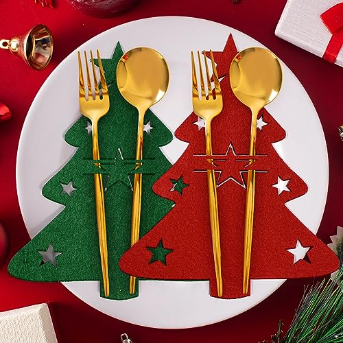 Portaposate in Feltro di Natale, 8 Pz Tasca per Posate Albero di Natale Decorazioni da Tavola Natalizie, Rosso Verde Coltelli Forchetta Cucchiaio Stoviglie Porta Posate per Addobbi Tavolo Natalizio