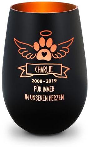 GRAVURZEILE Deko Windlicht aus Glas mit Gravur - Pfotenengel - Personalisiert mit Namen & Datum - Haustier Trauerlicht für Hund und Katze - Grabschmuck zur Beerdigung oder Andenken - Schwarz/Bronze