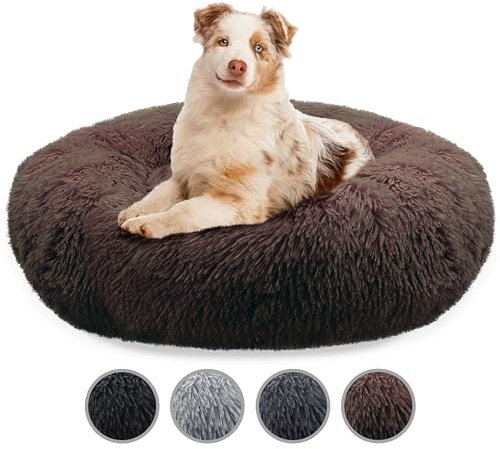 bluzelle Hundebett Große Hunde, 100cm Hundekissen Rund Donut Kissen Hundekorb Flauschig Plüsch, Ergonomisch Bezug Waschbar rutschfest Weich Kuschelig Kunstfell, Farbe:Coffee
