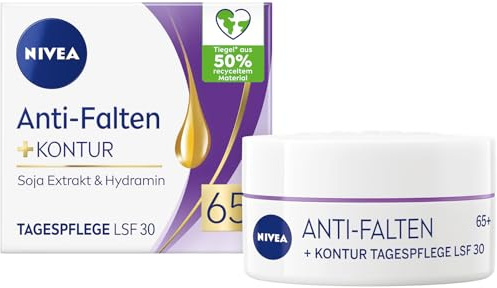 NIVEA Anti-Falten + Kontur Tagespflege LSF 30 65+, Gesichtscreme mit Soja Extrakt und Hydramin, Feuchtigkeitscreme mildert Linien und Falten sichtbar (50 ml)
