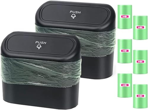 Einesin 2Pcs Car Trash Can, Mini Car Organizer Bin with Lid and 120pcs Trash Bags, Small Garbage Can for Storage and Organization Car Accessories, Capacity 1.4L