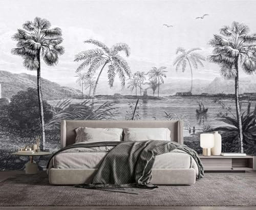 MFWFM Papier peint vintage forêt noir et blanc peint à la main palmier mural pour chambre à coucher salon (pas Peel n' Stick)