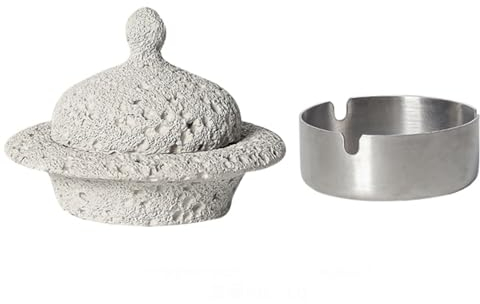 Cutfouwe Tisch Mülleimer-Φ15 X H11.2Cm-Beton + Edelstahl-Wind- Und Geruchssicher Mit Deckel-Leicht Zu Reinigen,Weiß,B