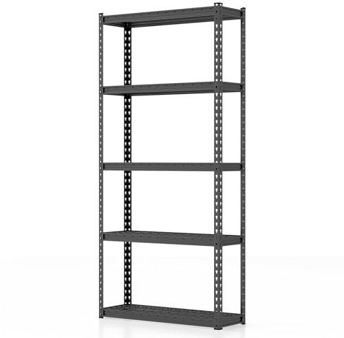 TANGZON 4/5-Tier Garage Shelves, Metal Shelving Units with Anti-slip Foot Pad & Anti-tipping Device, Heavy Duty Racking Shelf Storage Organizer for Home Office Workshop (Black, 5 Tier, 90 x 29 x 183)
