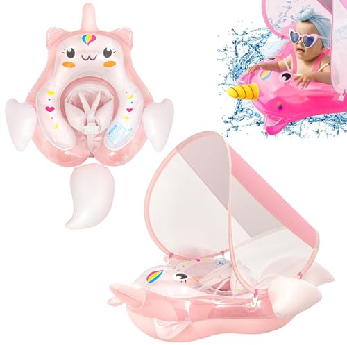 Licorne Rose Pâle Bouee Bebe Avec Pare Soleil Et Siège De Sécurité 10 à 24 Mois,Bouée Gonflable Flotteur De Piscine pour Bébé,Bouée Bébé Piscine,Anneau Flotteur Piscine,Accessoires Piscine pour Enfant