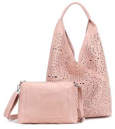 Damen Tasche XXL Set 2in1 Shopper Hobo Bag Schultertasche Cross Over Body Bag Umhängetasche Beuteltasche Handtasche Leder Optik Rosa