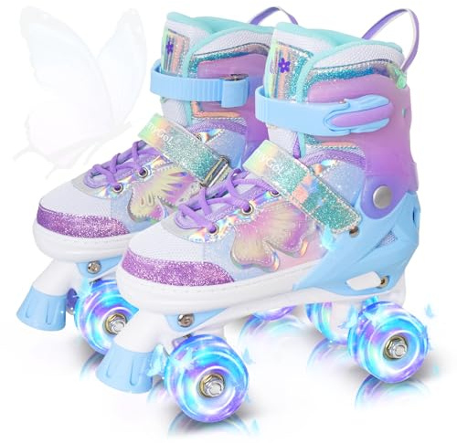 MammyGol Kids Roller Skates for Girls or Boys, 4 Size Adjustable Roller Skates for Children with Beautiful Butterflies, Beginner Kids Light up Roller Quad Skates Indoor Outdoor (Purple)