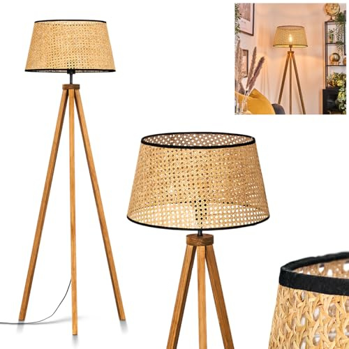 Stehleuchte Ramila, Stehlampe aus Holz/Wiener Geflecht/Rattan in Naturfarben/Schwarz, Leuchte im skandinavischen Design mit rundem Schirm (Ø 45cm) u. Fußschalter, Höhe 150cm, 1x E27, ohne Leuchtmittel