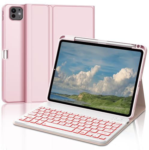 IVEOPPE Keyboard Case for iPad Pro 11-inch M4 2024- Keyboard for iPad Pro 11'' M4 A2836 A2837 A3006, 7-Color Backlight, Detachable Bluetooth Keypad for Pad Pro 11 2024 – Pink