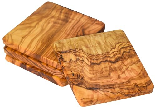 Cleminson Posavasos cuadrados de madera de olivo de 9 cm, juego de 6 o juego de 4 | Hermosas alfombrillas de madera rústica para salón o comedor (9 x 9 cm, 4 unidades)