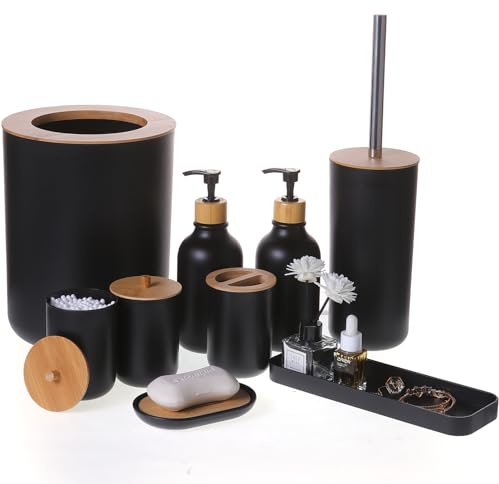 FNGJMJG Matte Black Bathroom Accessories Set 9PCS,Bamboo Bathroom Accessories Sets Complete with Trash Can,Soap Dispenser and Toothbrush Holder Set,Toilet Brush,Qtip Holder,Vanity Tray,Soap Dish