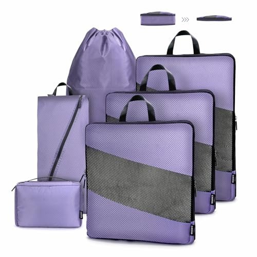 Carttiya Organizador Maleta Viaje Compresión, Impermeable Expandibles Ultraligero Compression Packing Cubes, Bolsas Organizadoras Maletas Viaje (6 Piezas, Púrpura)