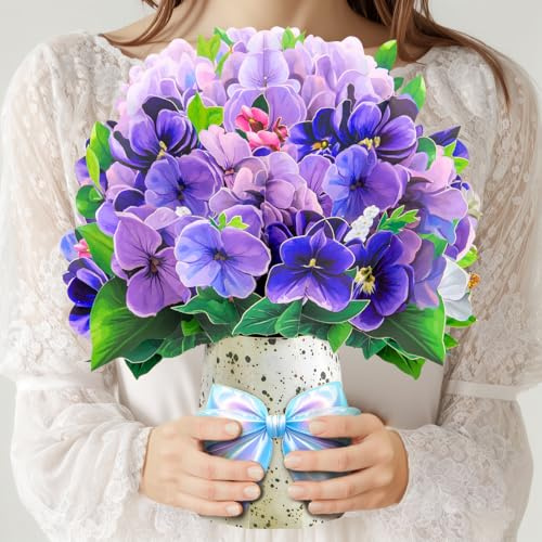 CNLITIHEKA Violet Flower Bouquet Pop Up Cards, Valentine's Day Card, Mother's Day Pop Up Flower Card, with Note Card and Envelope, Thinking of You Cards, Happy Holiday Card for Mom, Her, Friends.
