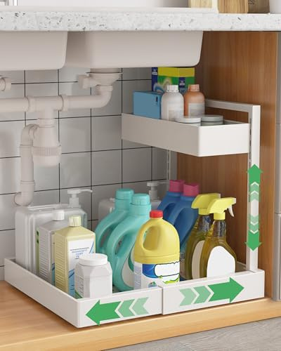 UMDONX Expandable Under Sink Storage Kitchen Organiser, 2 Tier Pull out Cabinet Cupboard Tidy Height Adjustable, (Durable Metal White Width 31-52cm)
