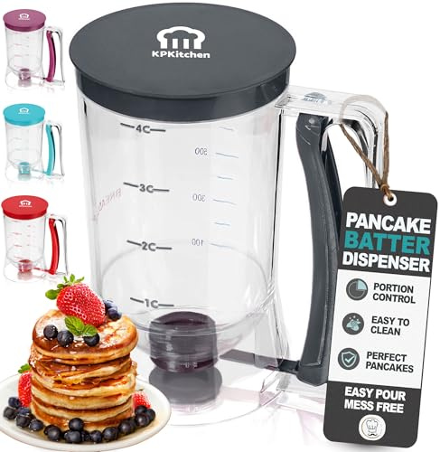 Pancake Batter Dispenser - Kitchen Must Have Tool for Perfect Pancakes, Cupcake, Waffle, Muffin Mix, Cake & Crepe - Easy Pour Baking Supplies for Griddle - Pancake Maker with Measuring Label (Black)
