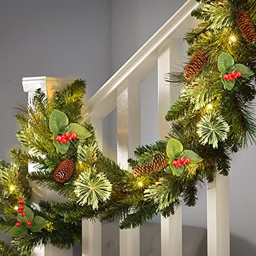 SHareconn 9FT (2.7M) Vorbeleuchteter künstlicher Weihnachtsgirlande, Mit warmweißer und mehrfarbiger Beleuchtung mit Timerfunktion, Verwendet für Weihnachtstreppen und Weihnachtskamin, Grün