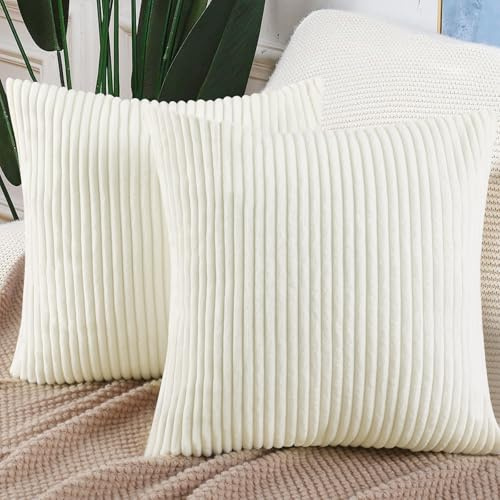 MIEWAA 2 Fundas Cojines de Sofa de Pana 40x40cm Funda Cojin Superficie Suave de Felpa Diseño a Rayas Fundas Decorativas para Sillón, Sala de Estar, Dormitorio, Balcón Blanco Lechoso