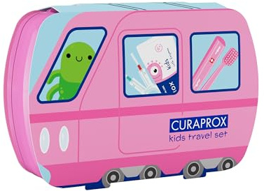 Curaprox Kids Reseset – Tandborste, tandkräm och interdentalborstar | Ultramjuka Curen®-filament | Kompakt reseset för barn (rosa) | Tillverkad i Schweiz