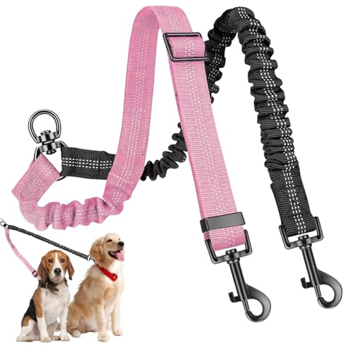 Double Dog Lead,Double Lead for 2 Dogs,Adjustable Dual Dog Leads,Shock Absorbing Bungee No Tangle Leash for 2 Dogs(Pink Black)
