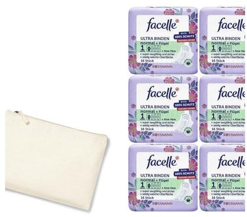 7tlg Set | 6x16 Stück facelle Ultra-Binden normal mit Flügeln + Aloe Vera Grösse 1 saugfähig & weich + STUDIO.MUNET Etui-Bag