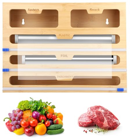 Bamboo 5-in-1 Kitchen Roll Organizer – Cling Film, Foil, Parchment Paper Dispenser with Built-in Cutters | Space-Saving Drawer Storage, Eco-Friendly Design