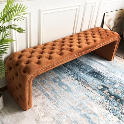 Cómodo banco tapizado naranja con botones y esquinas redondeadas, perfecto para dormitorio, sala de estar, entrada, muebles de almacenamiento de 120 cm.
