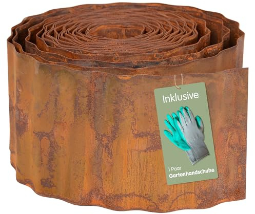 UNUS Bordure de pelouse en acier Corten - 5 m x 14 cm - Flexible - Résistant aux intempéries - Pour jardin, parterre, pelouse et chemins - Avec gants