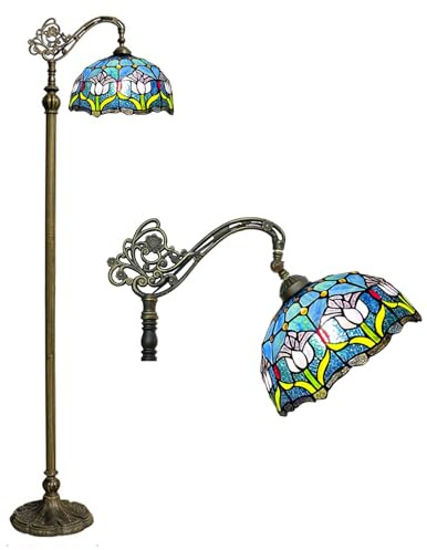 BOTOWI Lámpara de pie Estilo Tiffany Lámpara de Vidrio Manchado Tulipán Lámpara arqueada 12X18X63 Cuello de Cisne Esquina Ajustable Luz de Lectura de pie Decoración Dormitorio Sala de Estar,Azul