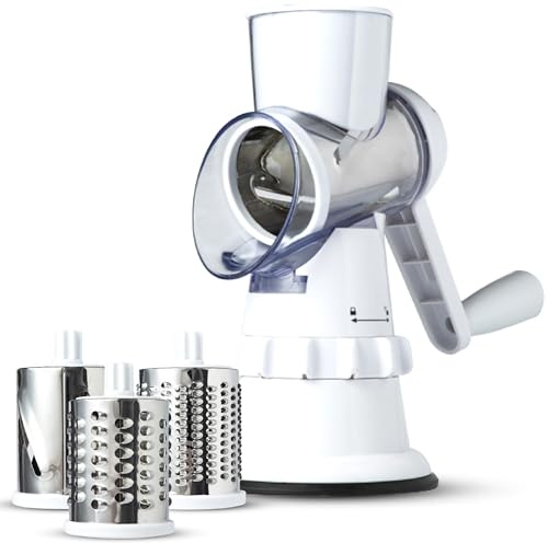 Merlin Multi-Slice Rotary Cheese Grater (White) - 3 Interchangeable Drums, BPA-Free, Dishwasher Safe - Designed to Slice, Shred and Grate Vegetables, Cheeses and Meats - Graters for The Kitchen