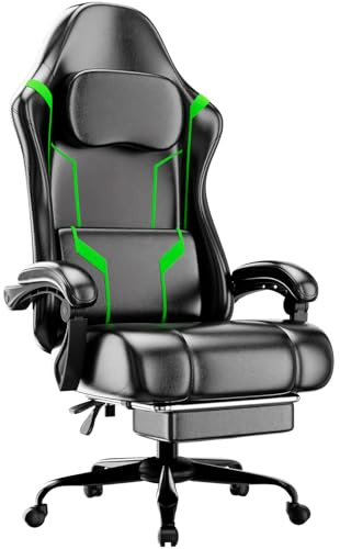 HOTOSYCH Silla de Oficina ergonómica para Oficina en casa con reposacabezas Ajustable, Silla de Ordenador con Respaldo Alto con Ruedas y Patas de Acero, Silla (Cuero sintético, Verde, Tamaño Grande)