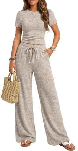 Trendy Queen Womens Lounge Two 2 Piece Sets Summer Spring 2026 Airport Outfits Travel Matching Sweatsuit Sweat Suit Workout Cruise Clothes Vacation Loungewear Pajamas Fashion Holiday Khaki S